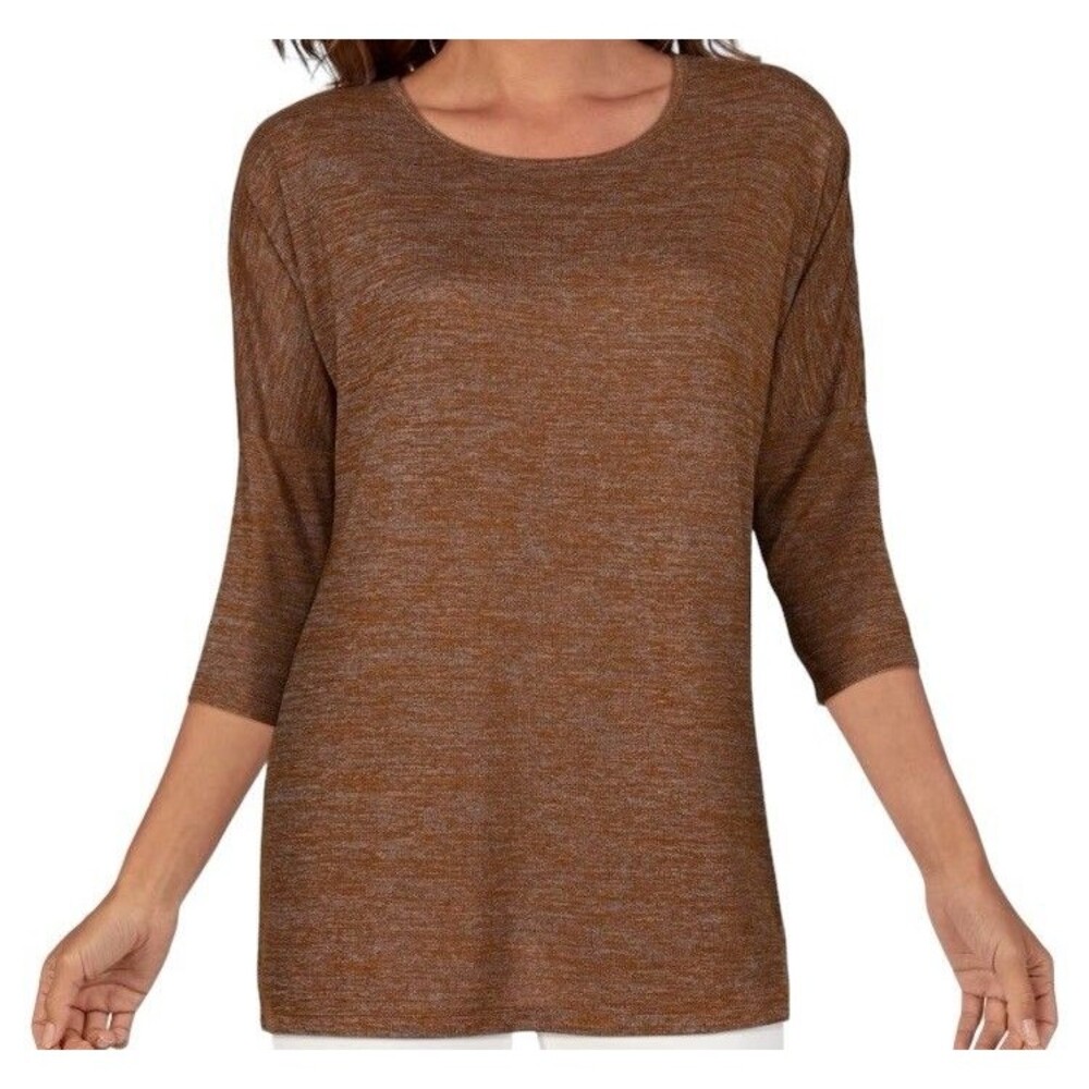 Natural Reflections Knit Tunic Top Womens Lg 3/4 Sleeve Gold Gray Heather